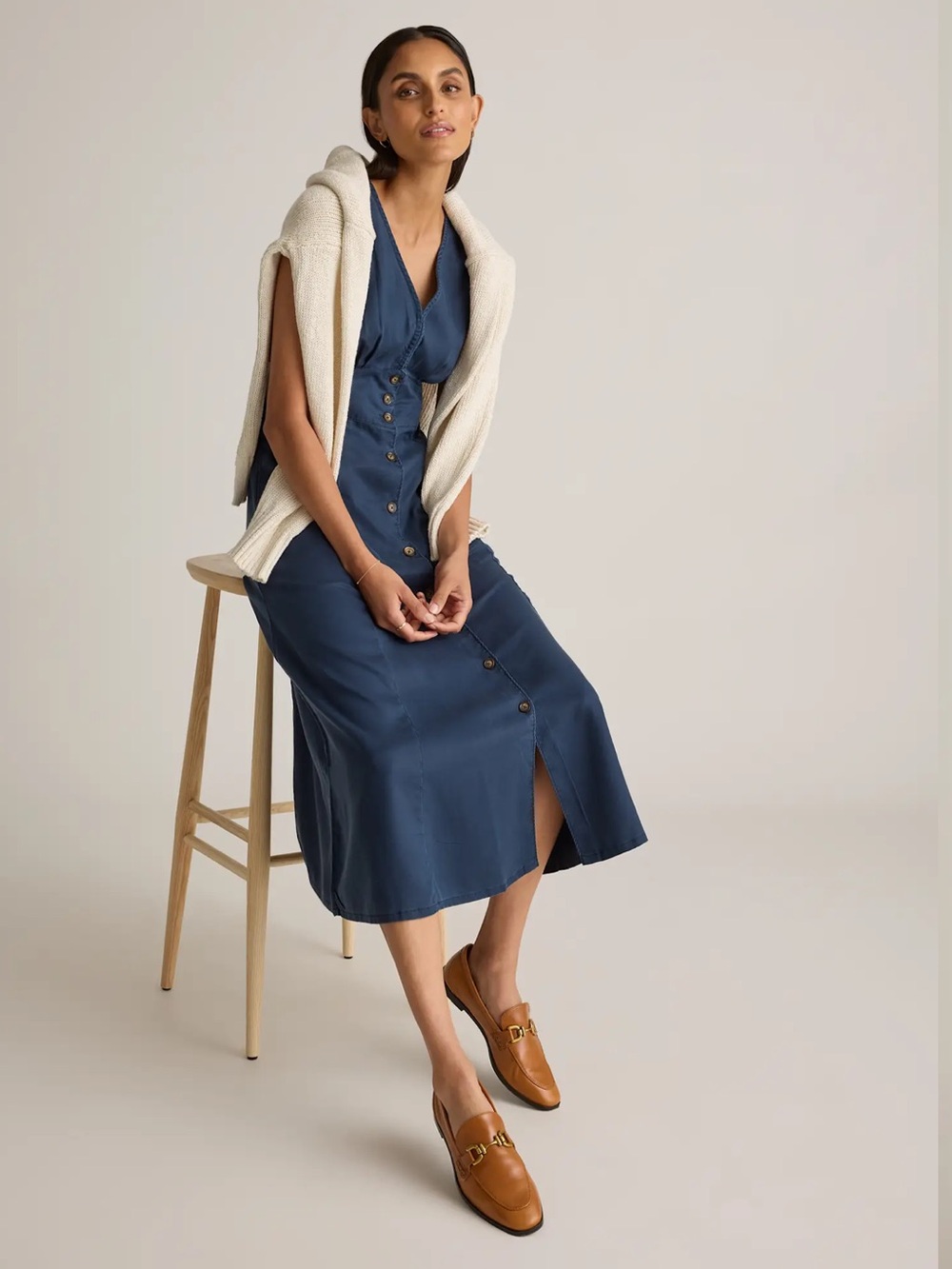 Quince Vintage Wash Tencel Button Front Midi Dress In Midnight Blue Size Lg NWT